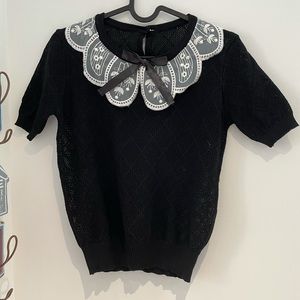 Vintage cute floral embroidered Peter Pan collar knitted short sleeves top sizeS